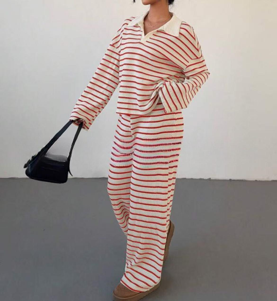 Striped Lapel Fashionable Knitted Loose Long Sleeve Top Casual Trousers Suit - Image 7