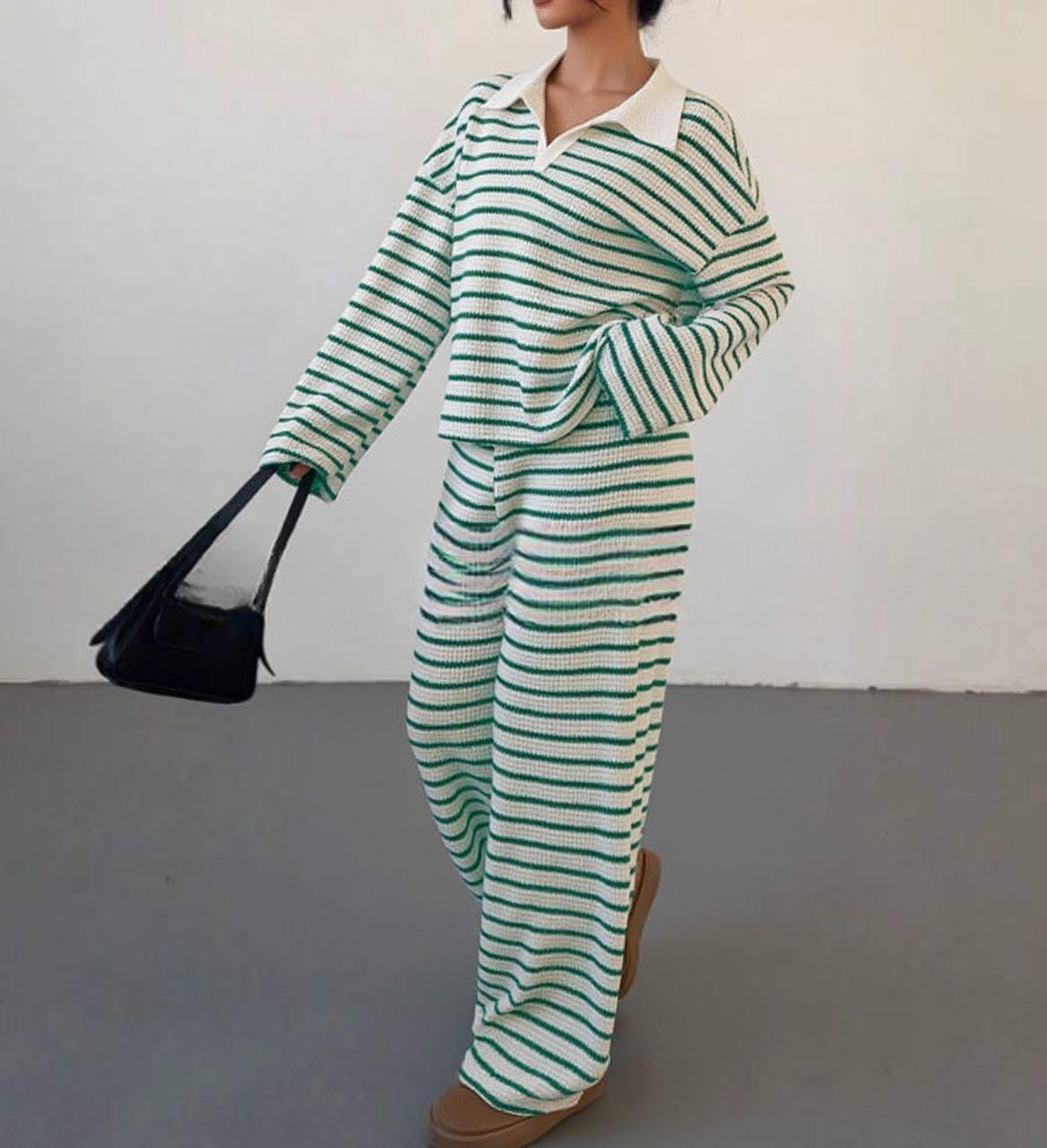 Striped Lapel Fashionable Knitted Loose Long Sleeve Top Casual Trousers Suit - Image 9
