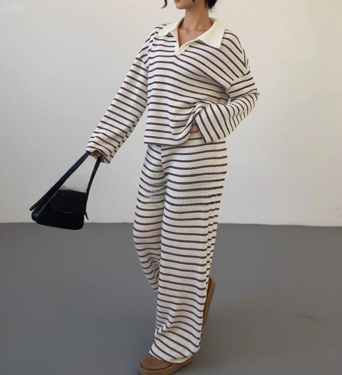 Striped Lapel Fashionable Knitted Loose Long Sleeve Top Casual Trousers Suit - Image 10