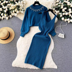 Round Neck Bead Women's Sweater High Waist Knit Dress Suit