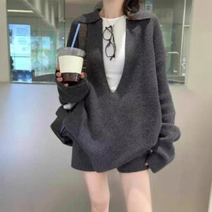 Women's V-neck Sweater Suit Loose Sweater Shorts