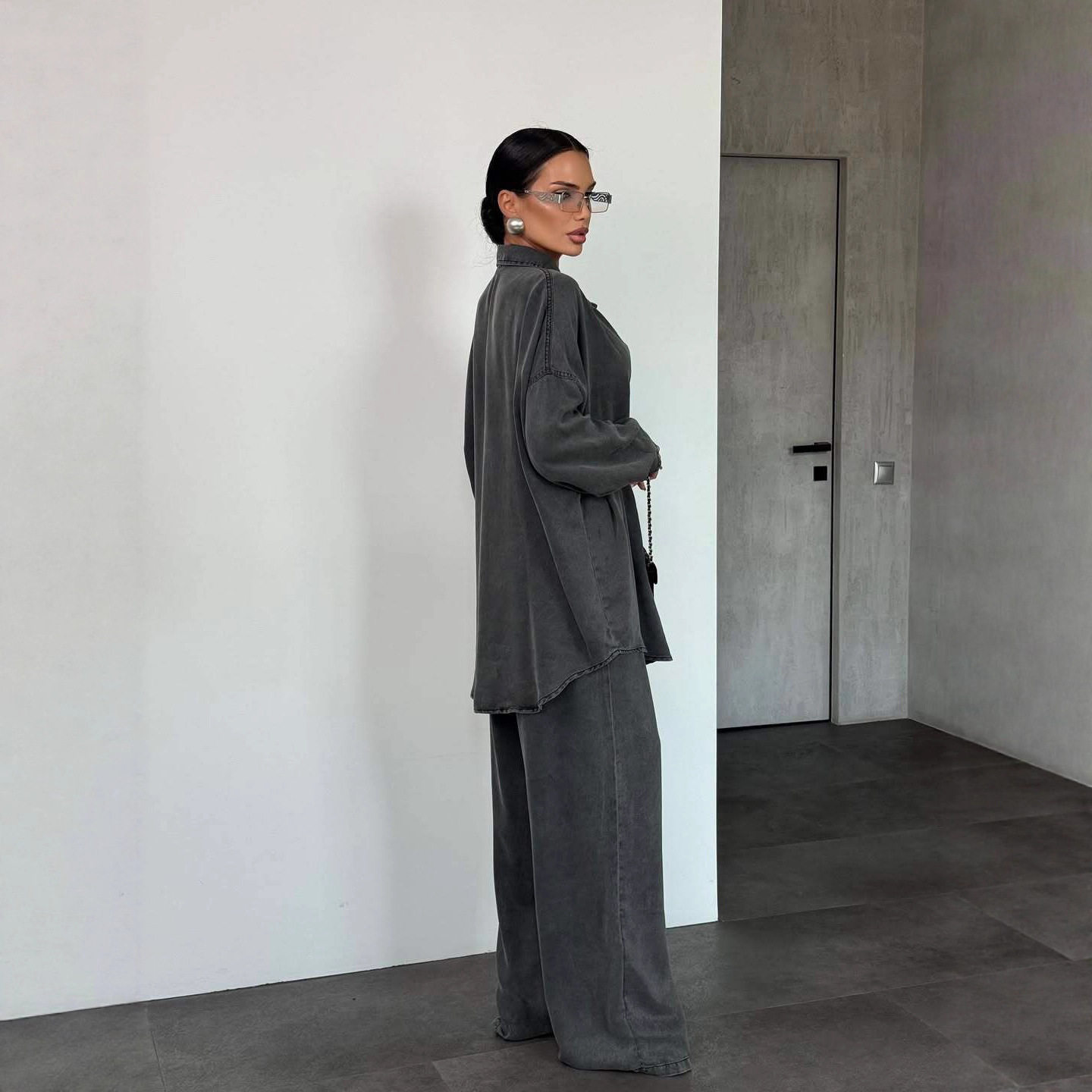 Women's Denim Long Sleeve Button Wide Leg Suit - Image 3