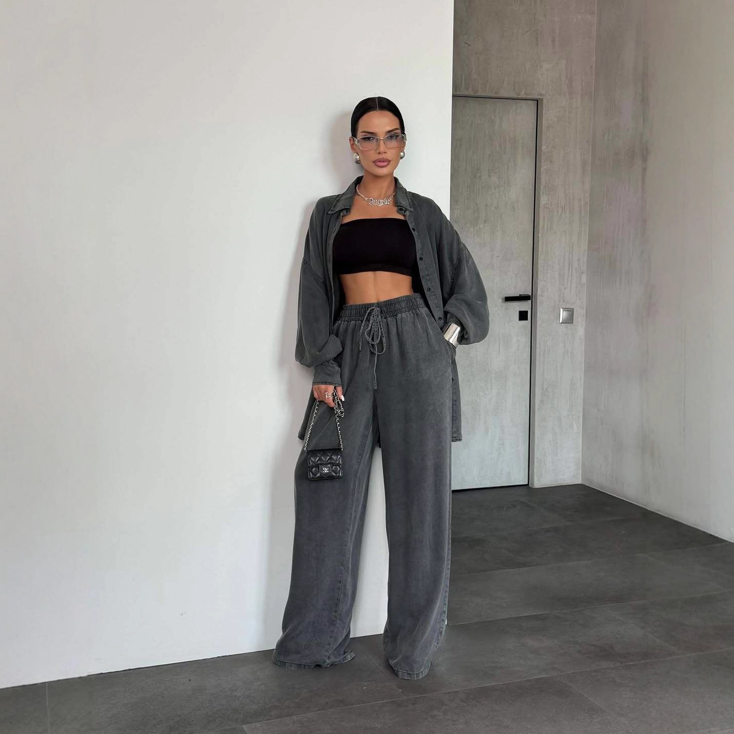 Women's Denim Long Sleeve Button Wide Leg Suit - Image 4