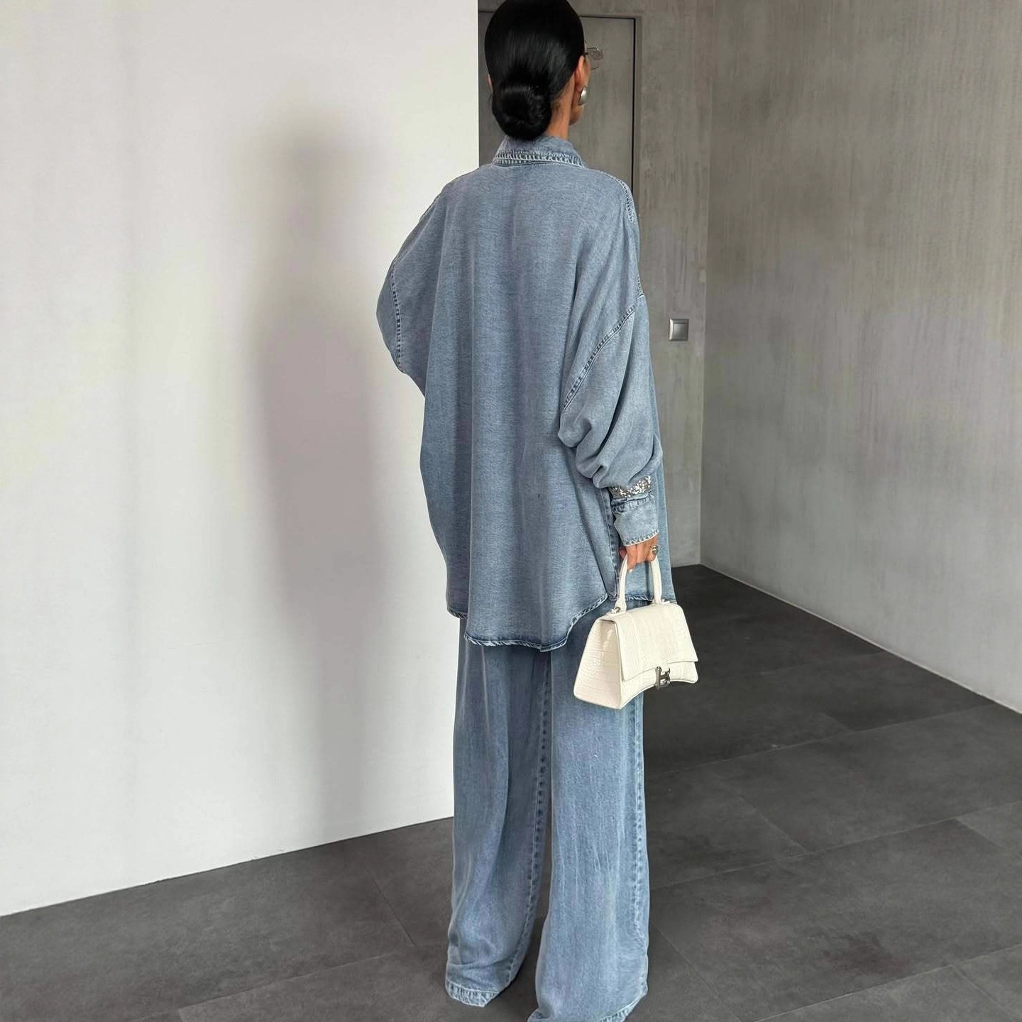 Women's Denim Long Sleeve Button Wide Leg Suit - Image 5