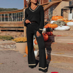 New European And American Autumn And Winter Leisure Contrast Color Two-piece Set For Women