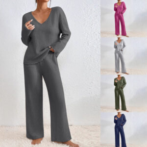 Long Sleeve V-neck Knitted Sunken Stripe Brushed Loose Leisure Suit