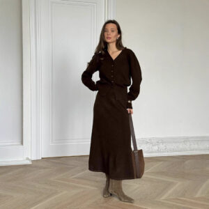 V-neck Knitted Cardigan A- Line Midi Skirt Two-piece Set