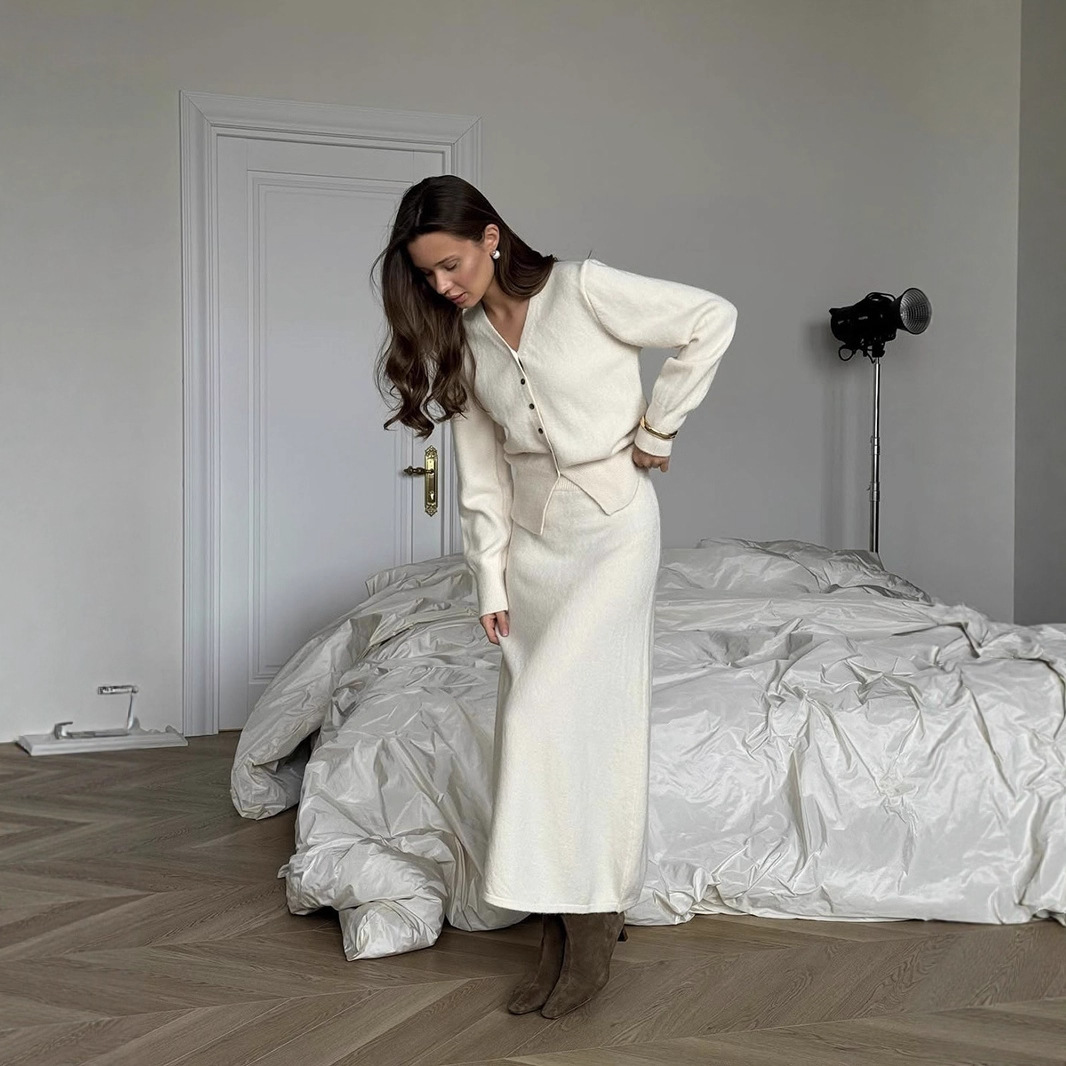 V-neck Knitted Cardigan A- Line Midi Skirt Two-piece Set - Image 2