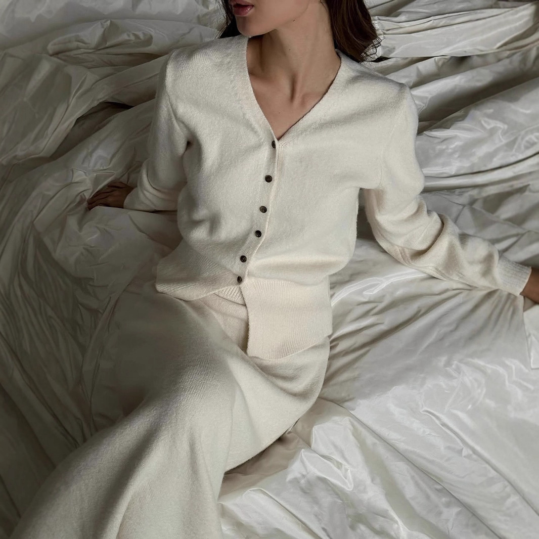 V-neck Knitted Cardigan A- Line Midi Skirt Two-piece Set - Image 3