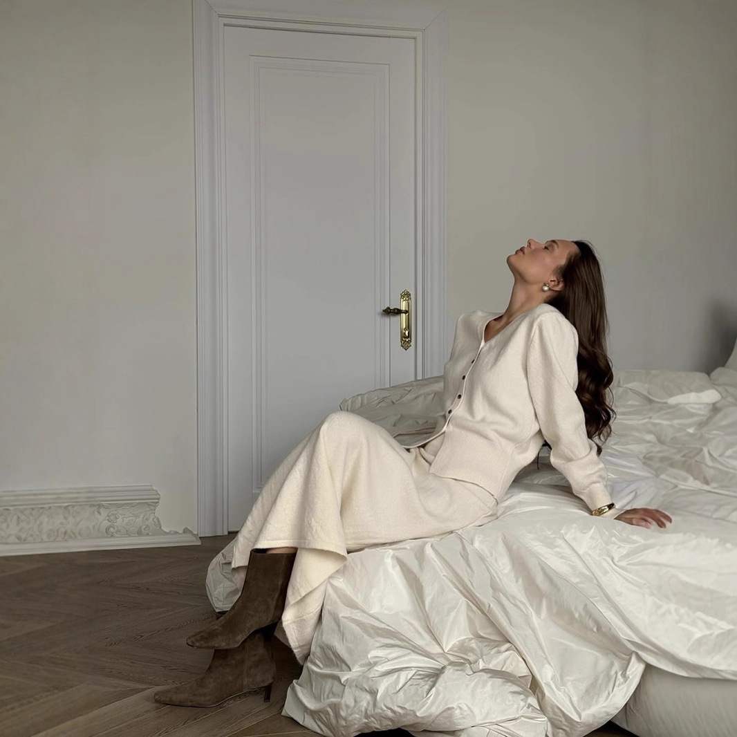 V-neck Knitted Cardigan A- Line Midi Skirt Two-piece Set - Image 4