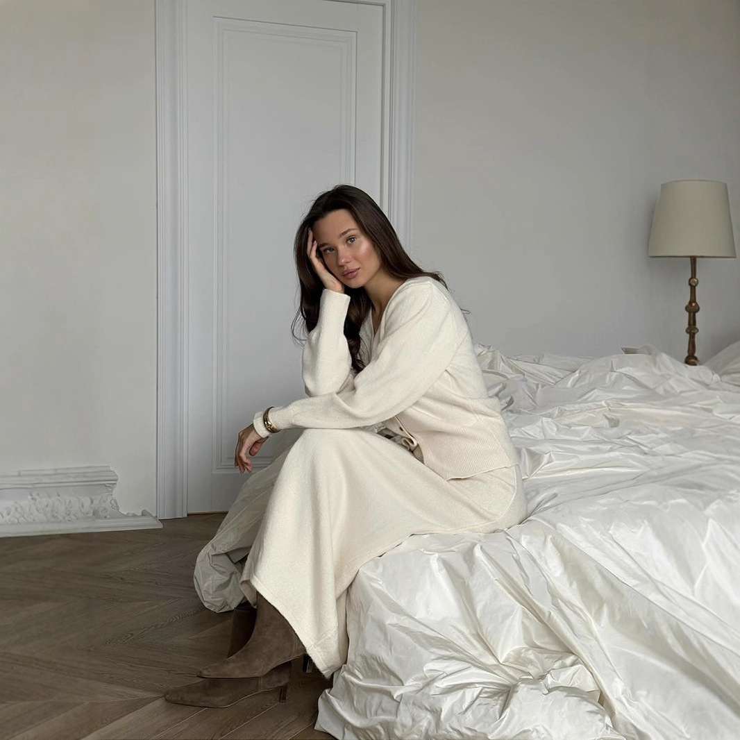 V-neck Knitted Cardigan A- Line Midi Skirt Two-piece Set - Image 5