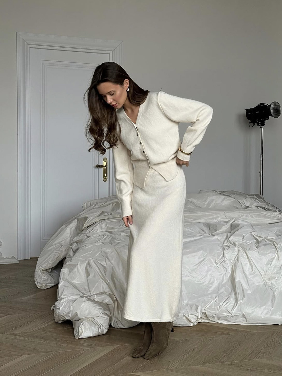 V-neck Knitted Cardigan A- Line Midi Skirt Two-piece Set - Image 7