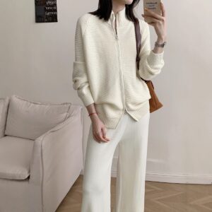 Fashionable Knitted Cotton Suit Zipper Cardigan Casual Trousers