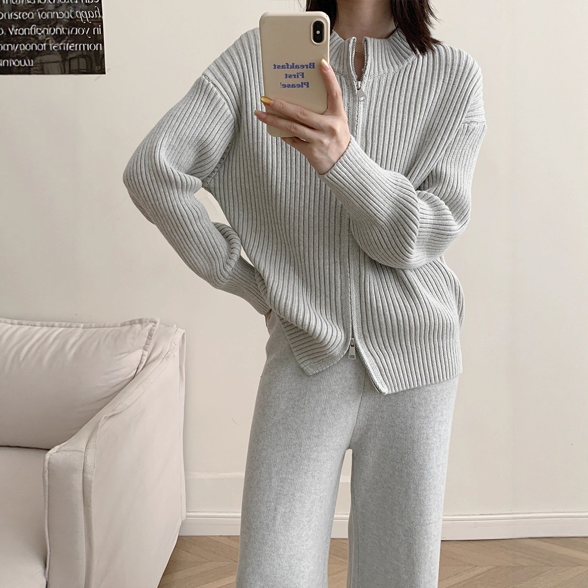 Small Stand Collar Vertical Sunken Stripe Zipper Knitted Cardigan Coat Trousers Two-piece Set - Image 3