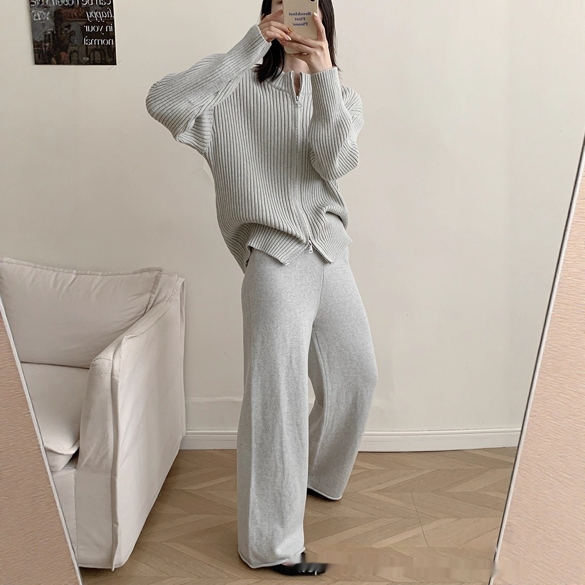 Small Stand Collar Vertical Sunken Stripe Zipper Knitted Cardigan Coat Trousers Two-piece Set - Image 4