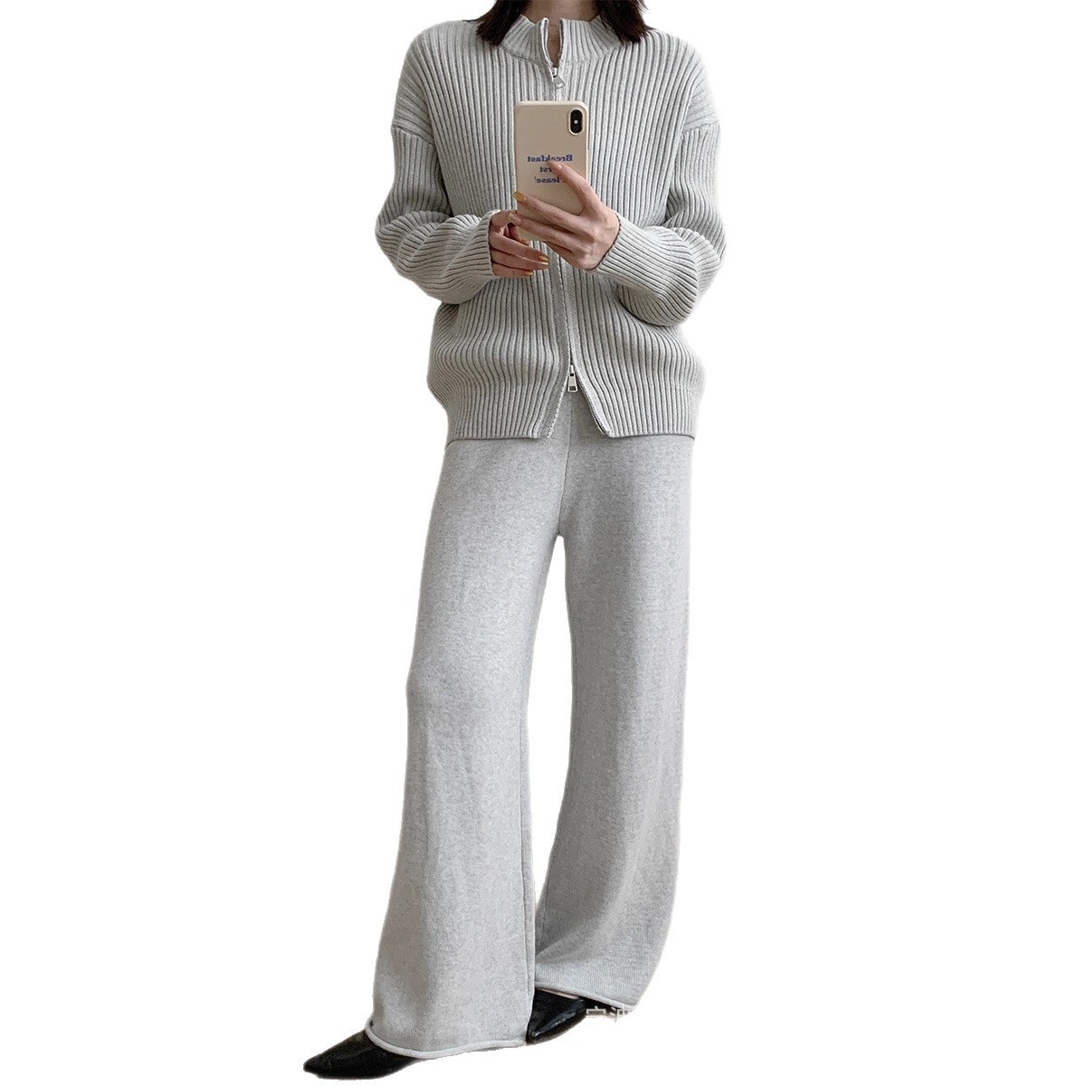 Small Stand Collar Vertical Sunken Stripe Zipper Knitted Cardigan Coat Trousers Two-piece Set - Image 5