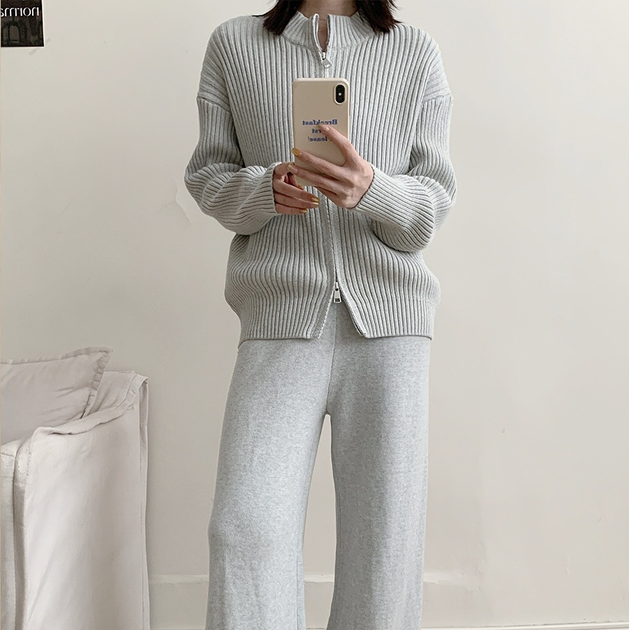 Small Stand Collar Vertical Sunken Stripe Zipper Knitted Cardigan Coat Trousers Two-piece Set - Image 6