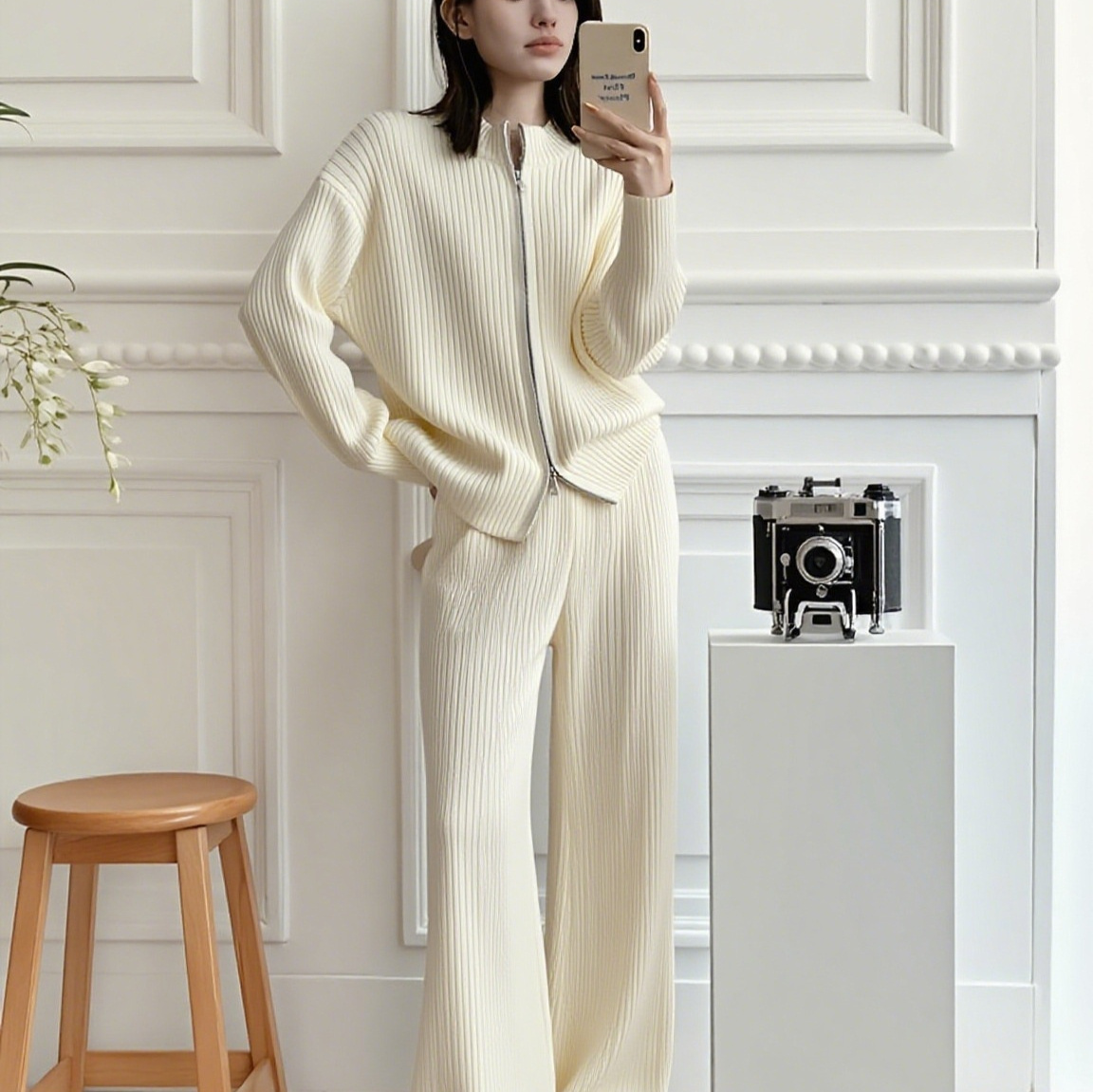 Small Stand Collar Vertical Sunken Stripe Zipper Knitted Cardigan Coat Trousers Two-piece Set - Image 7