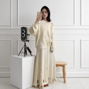 Fashion Women's Wear Long Sleeve Cotton White Round Neck Sweater Irregular Ripped Skirt