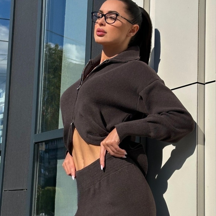 Lapel Double-headed Zipper Knitted Trousers Suit Fashion Slim Casual - Image 2