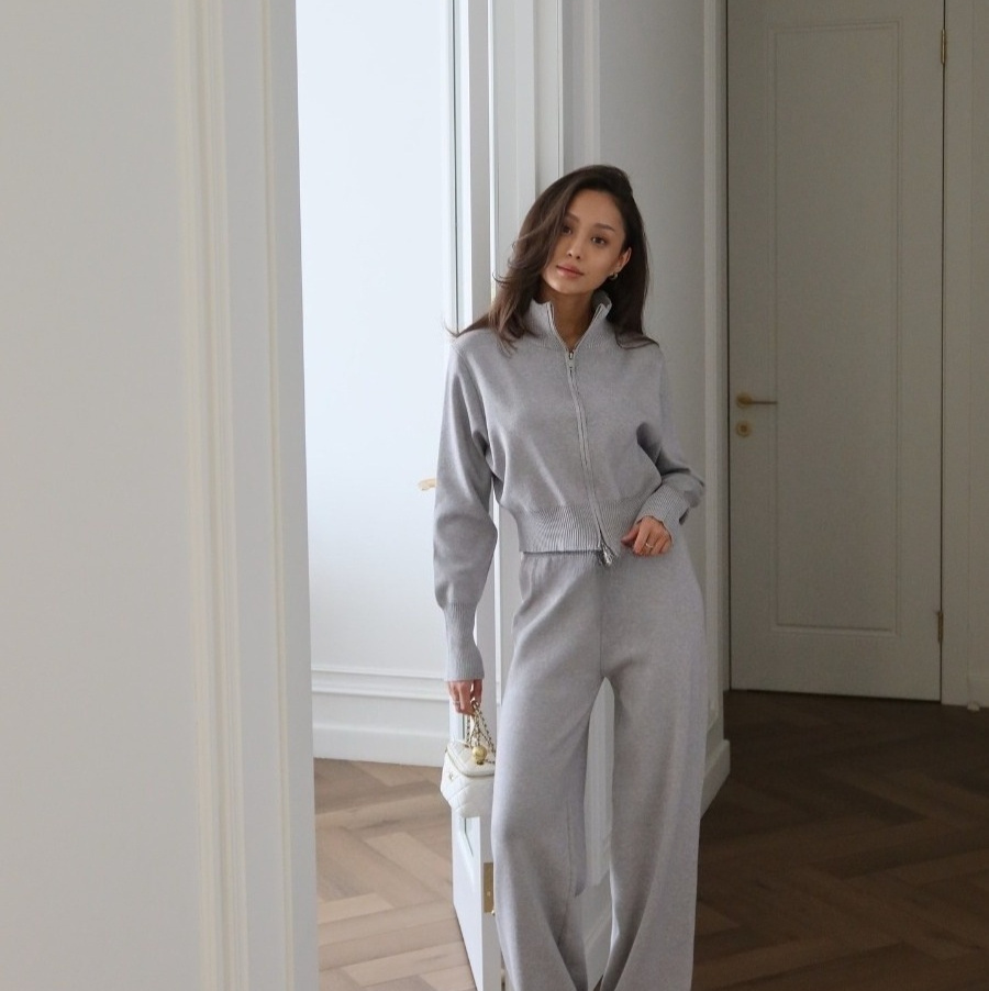 Lapel Double-headed Zipper Knitted Trousers Suit Fashion Slim Casual - Image 4