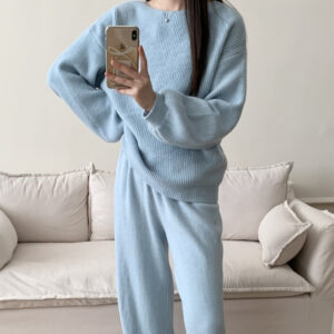 Knitted Sweater Suit Women's Loose Crew Neck Top Wide-leg Pants