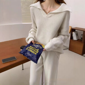 Women's High-grade Lapel Sweater Wide-leg Pants Suit