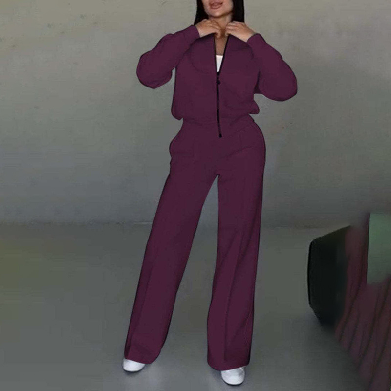 Women's 2 Piece Sweatsuit Set, Fall Zip Up Long Sleeve Sweatshirt Jacket And Wide Leg Sweatpants - Image 5