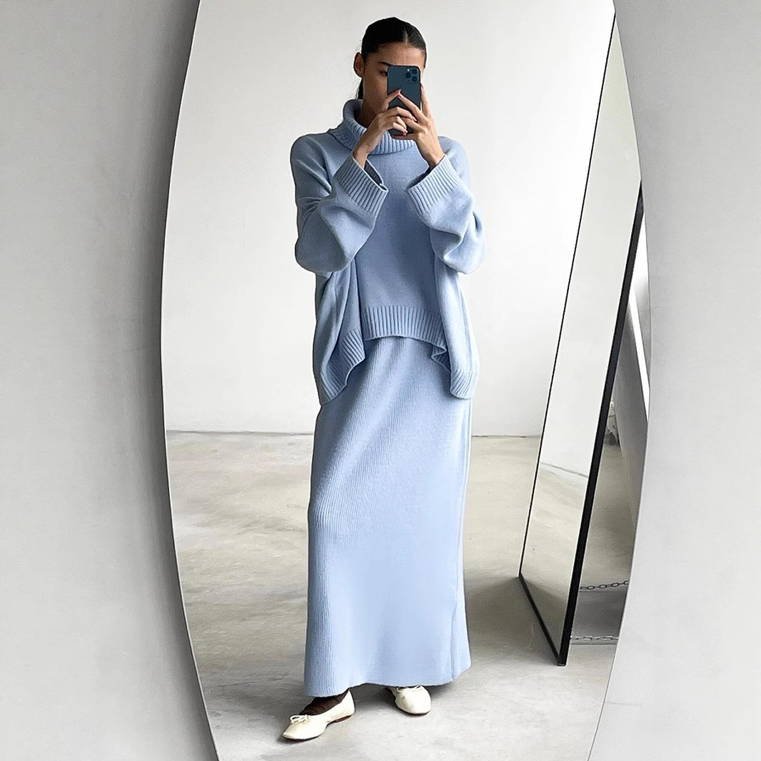 Casual Solid Color Turtleneck Sweater Skirt Suit