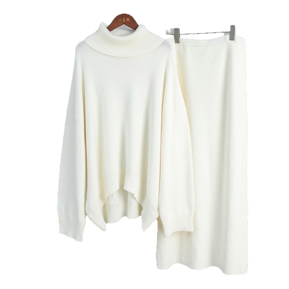 Casual Solid Color Turtleneck Sweater Skirt Suit - Image 5