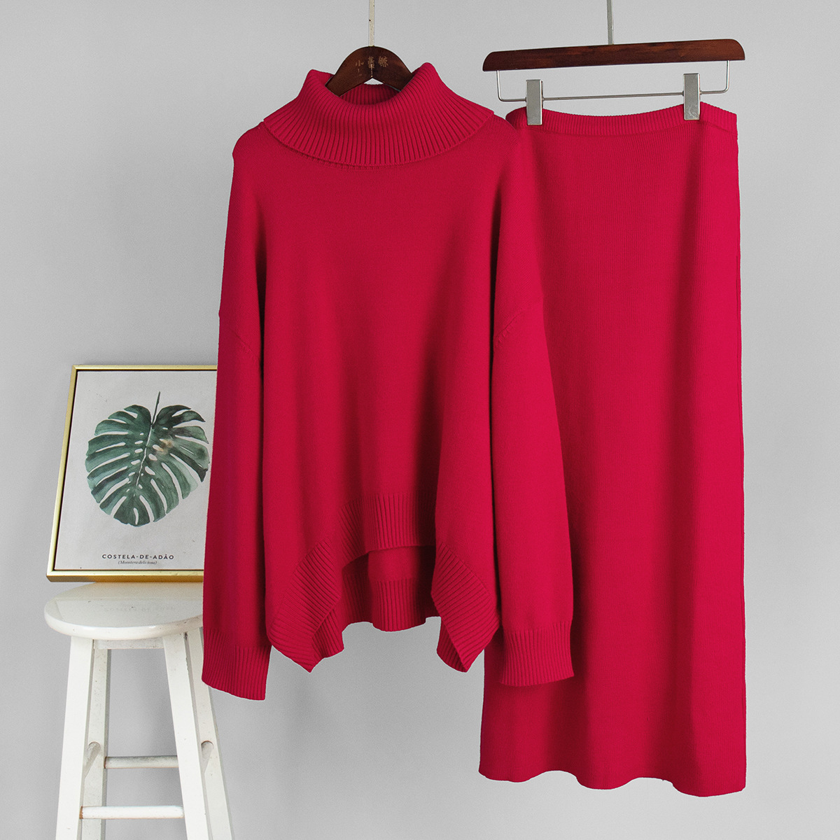 Casual Solid Color Turtleneck Sweater Skirt Suit - Image 6