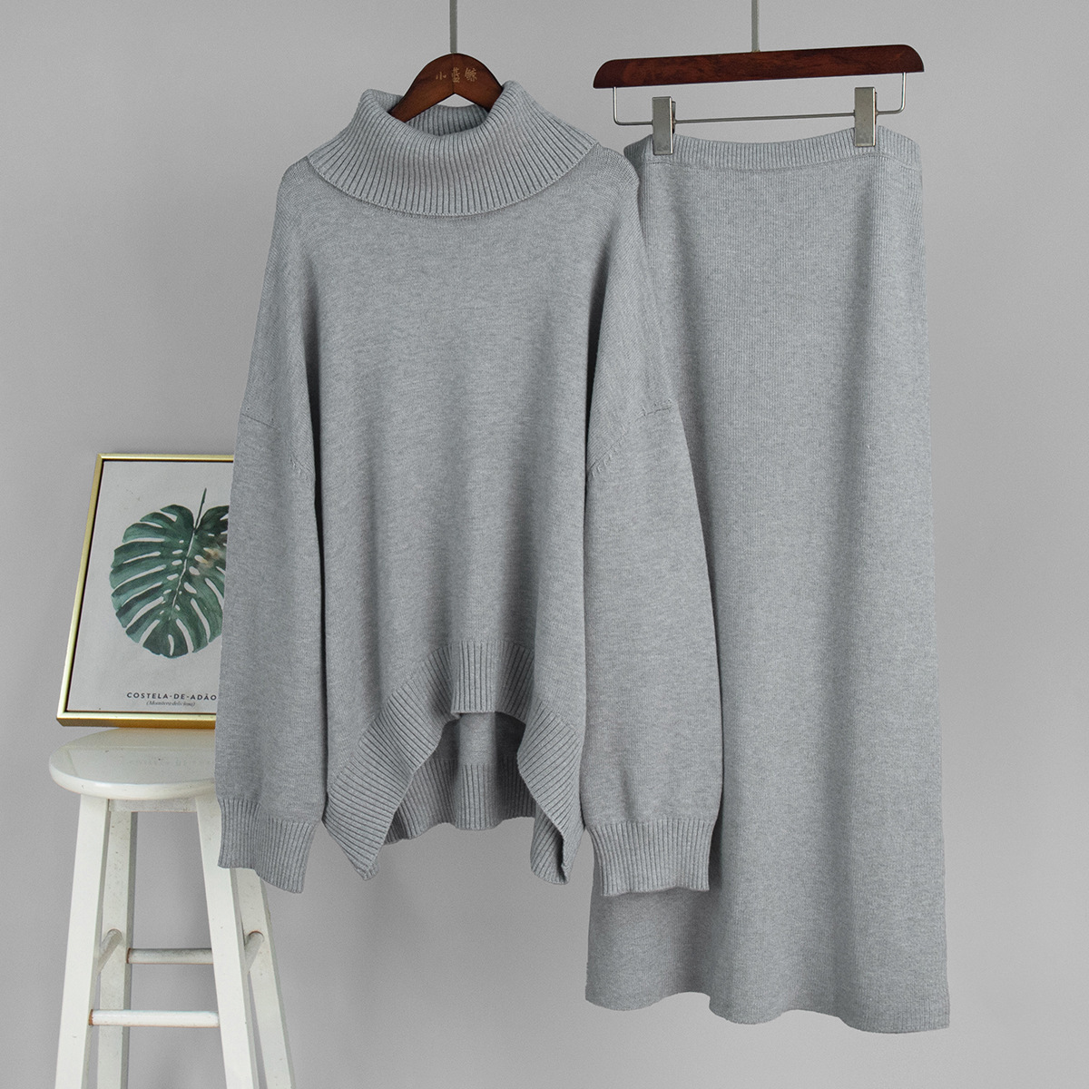 Casual Solid Color Turtleneck Sweater Skirt Suit - Image 7