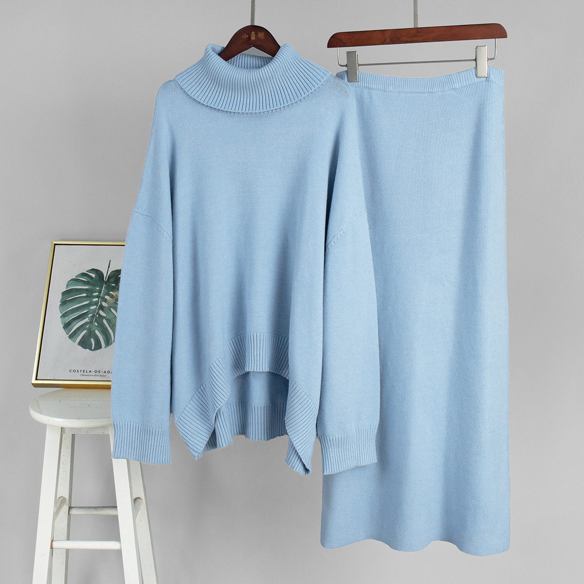 Casual Solid Color Turtleneck Sweater Skirt Suit - Image 8