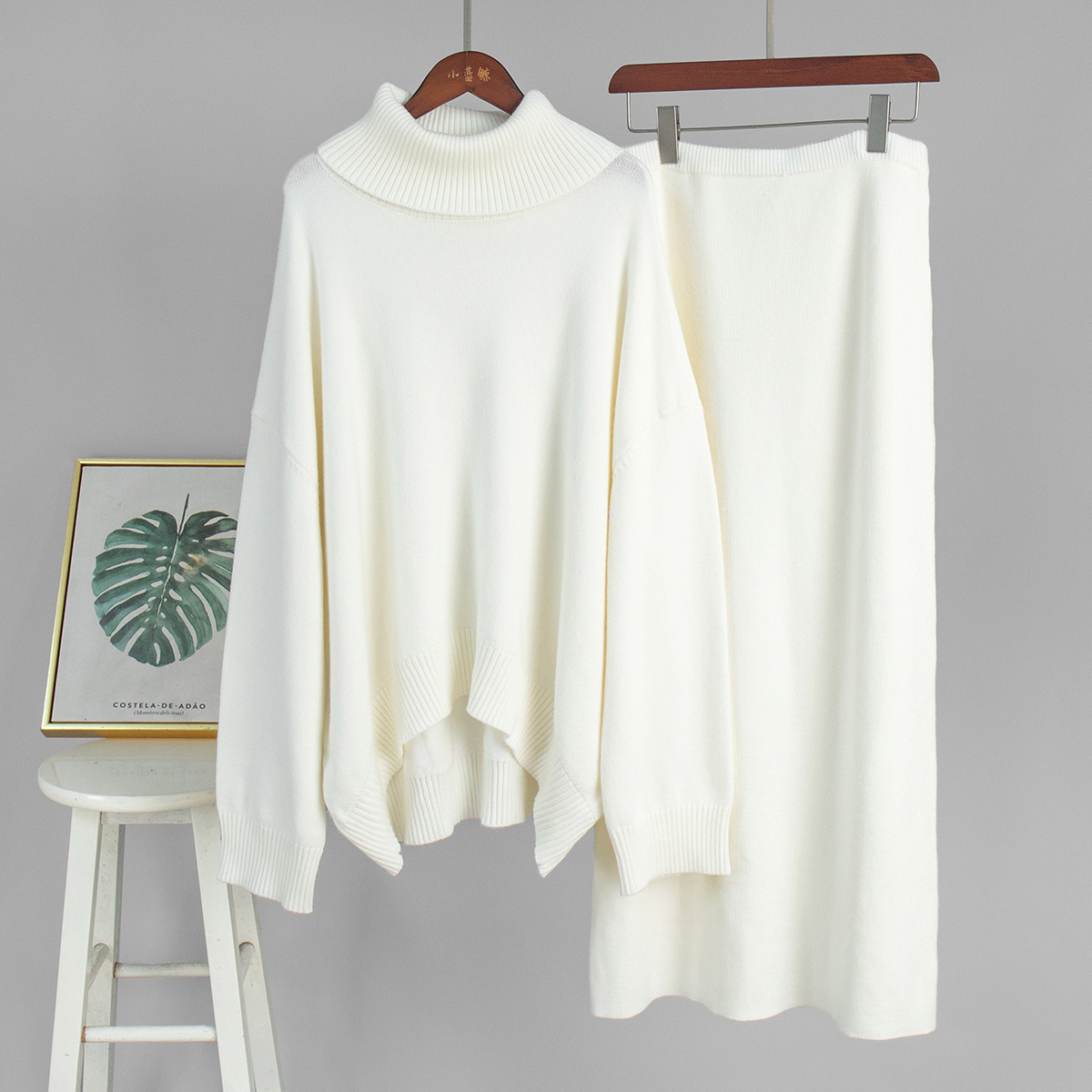 Casual Solid Color Turtleneck Sweater Skirt Suit - Image 9