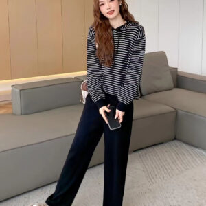 Hooded Contrast Color Striped Sweater Straight-leg Pants
