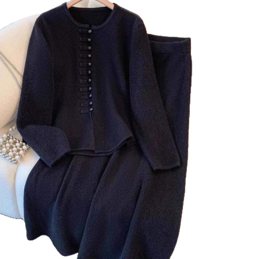 Women's Fashion Chinese Style Solid Color High Sense Sweater Mid-length Dress Set - Image 5