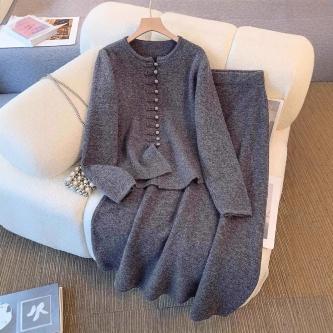 Women's Fashion Chinese Style Solid Color High Sense Sweater Mid-length Dress Set - Image 7