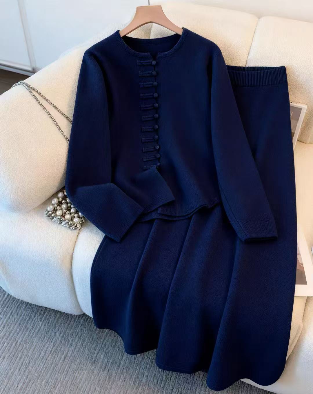 Women's Fashion Chinese Style Solid Color High Sense Sweater Mid-length Dress Set - Image 9