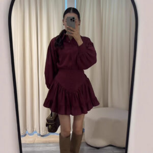 Lantern Sleeve Shirt Ruffled Skirt Suit Women