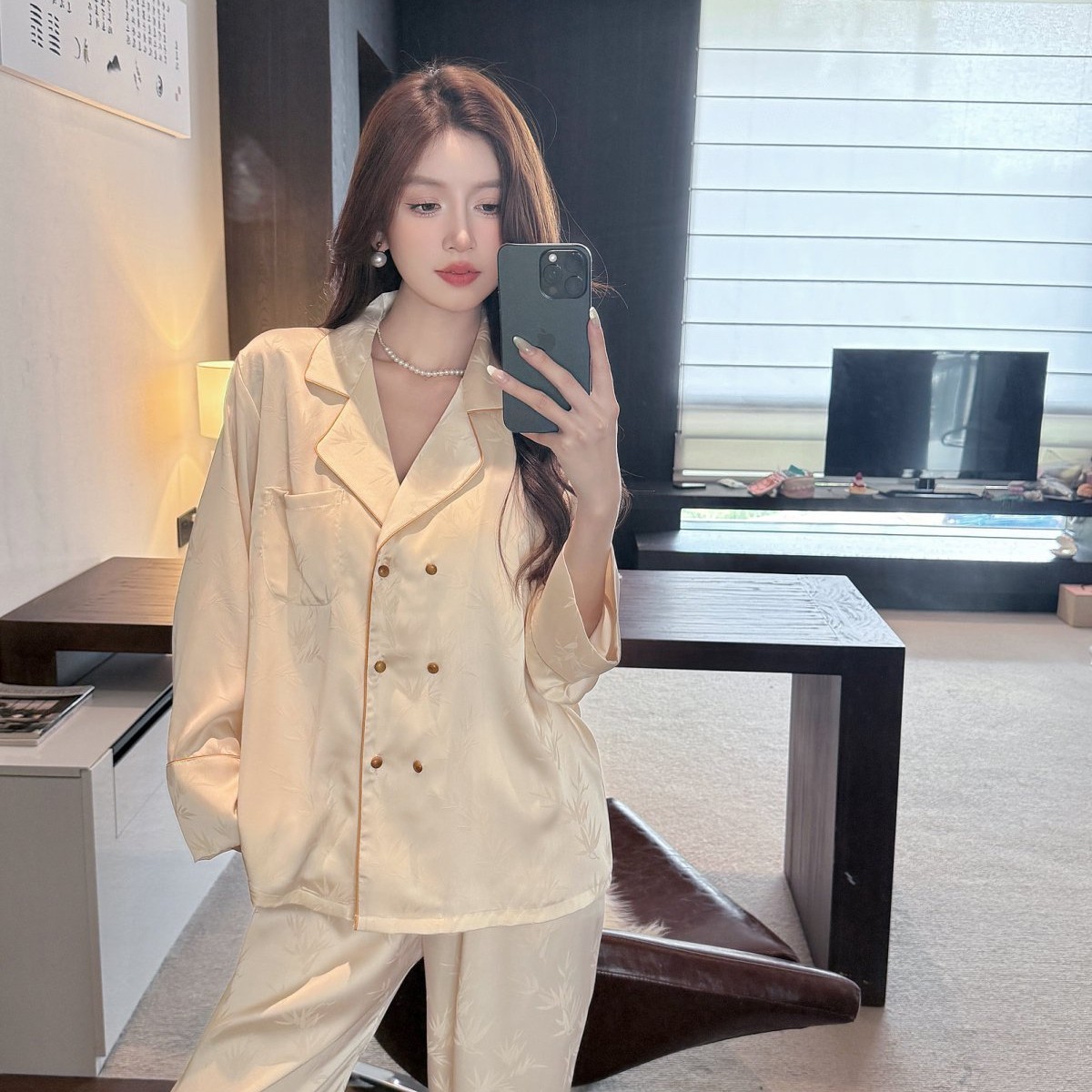 Double Breasted Ice Silk Pajamas Long Sleeve Homewear Suit