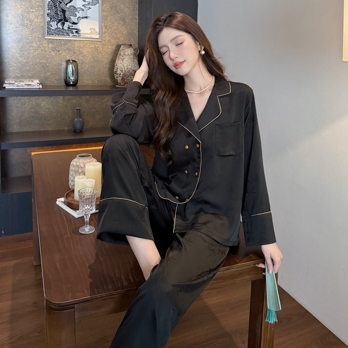 Double Breasted Ice Silk Pajamas Long Sleeve Homewear Suit - Image 2