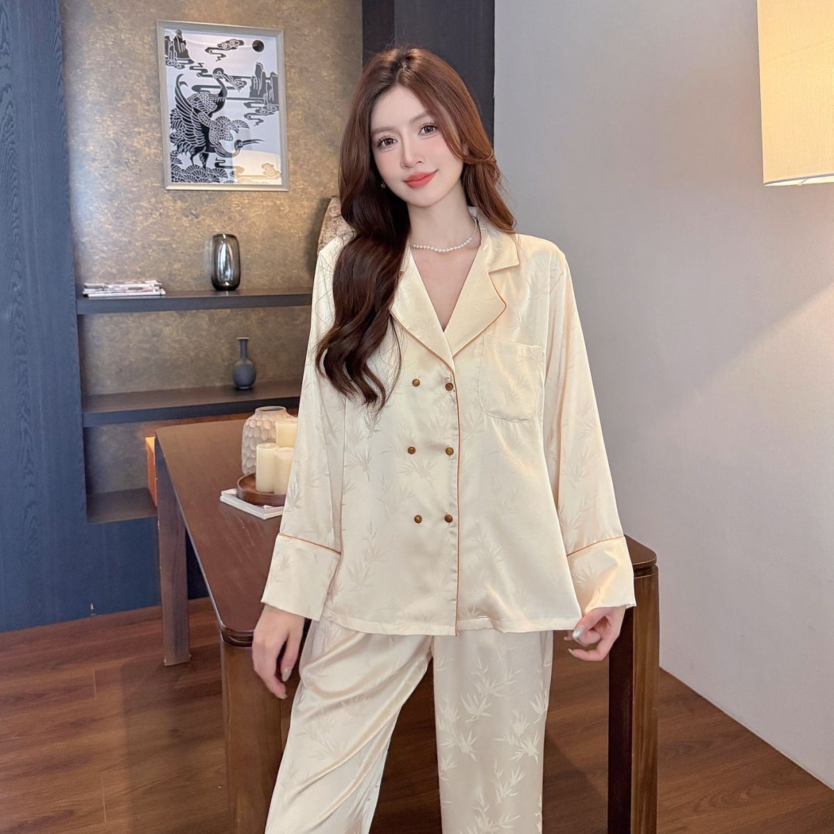 Double Breasted Ice Silk Pajamas Long Sleeve Homewear Suit - Image 3