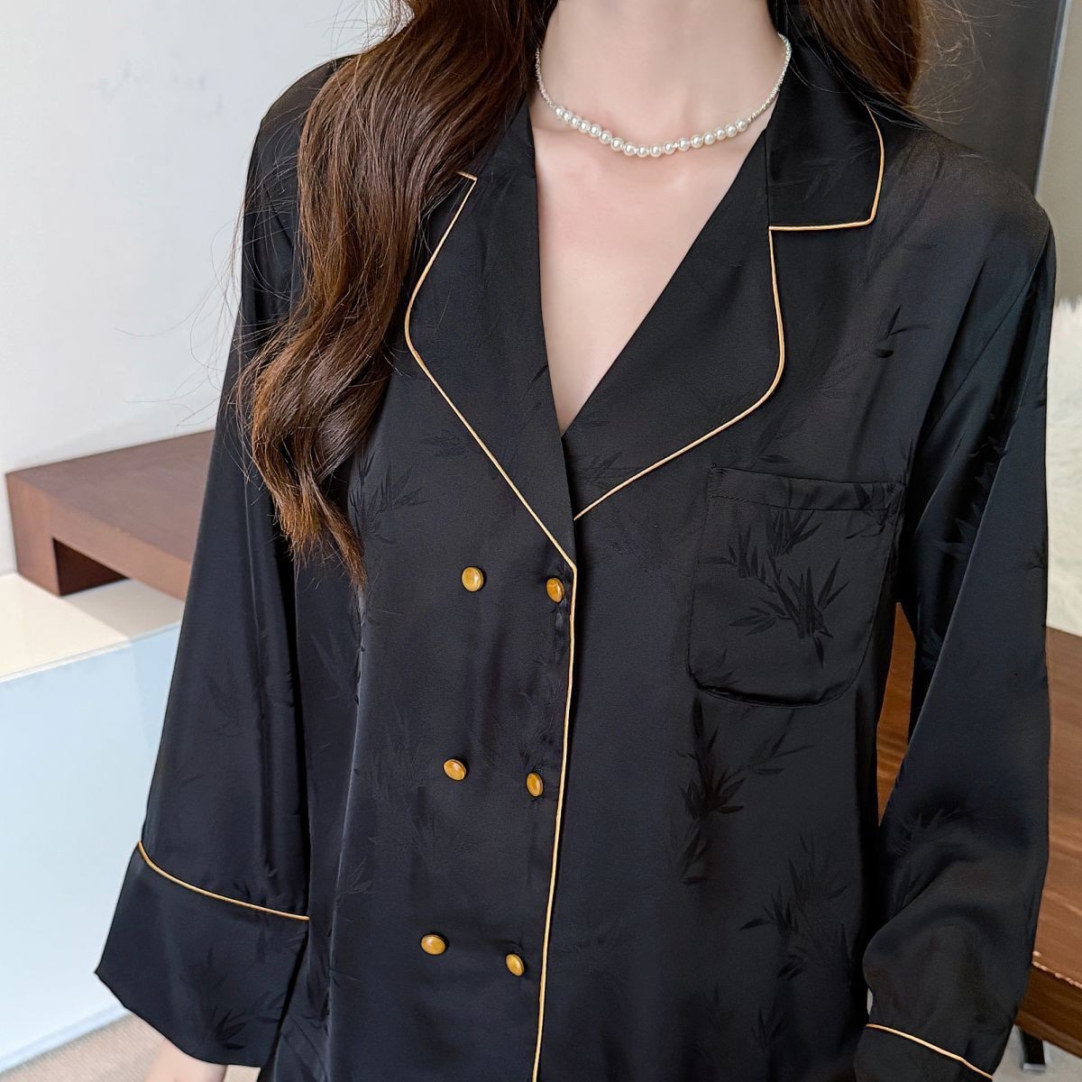 Double Breasted Ice Silk Pajamas Long Sleeve Homewear Suit - Image 4