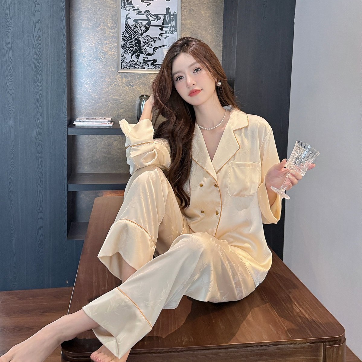 Double Breasted Ice Silk Pajamas Long Sleeve Homewear Suit - Image 5