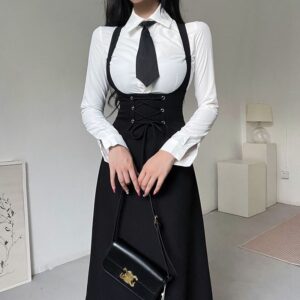 Large Size Fat Black Waist Strap Dress White Shirt Spring