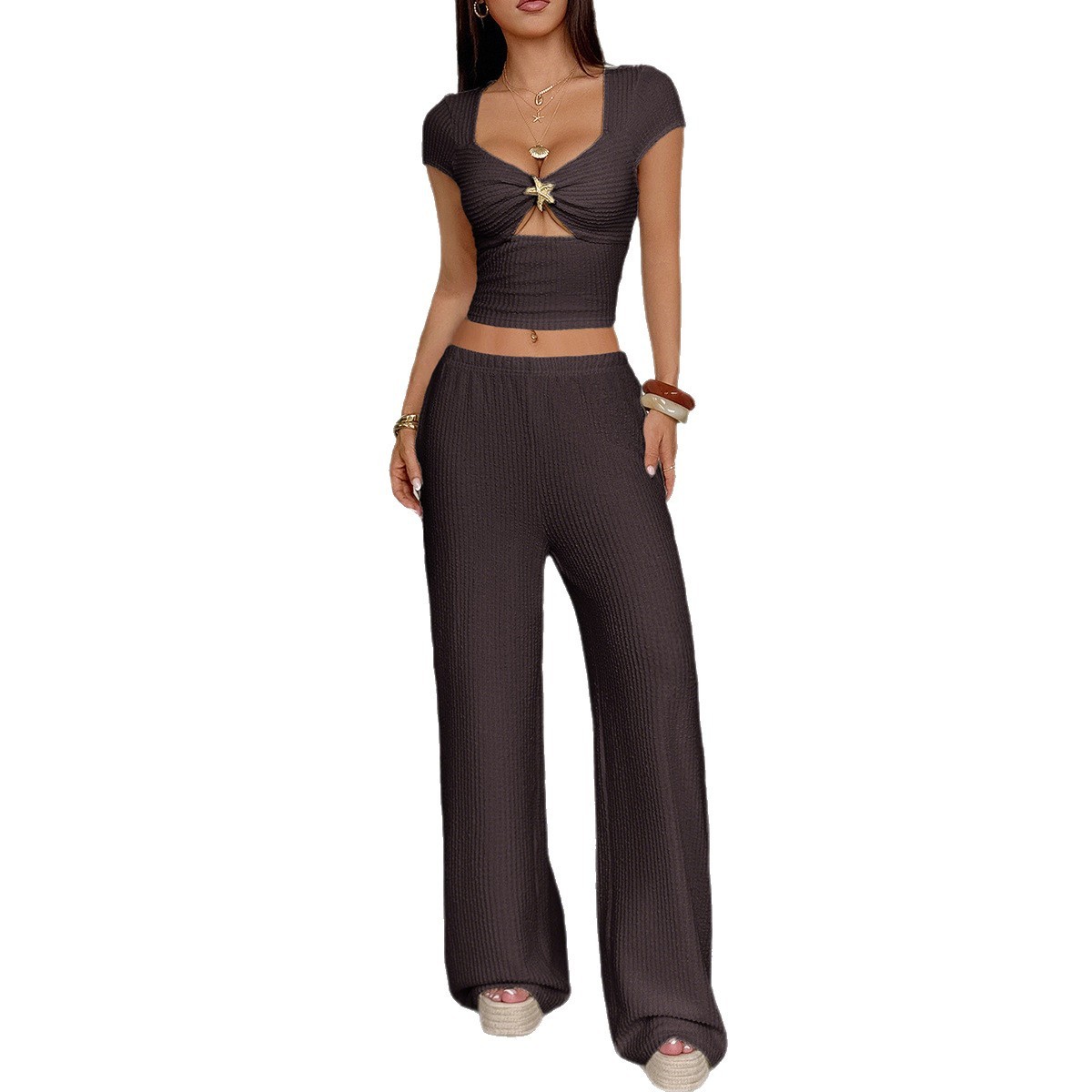 Sports Style Short Sleeve Vest Wide-leg Pants Suit For Women - Image 5