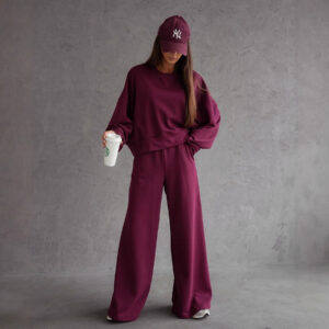 Autumn And Winter Round Neck Long Sleeve Wide Leg Pants Two-piece Set