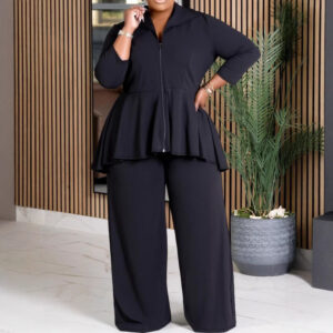 Fashion Commuter Long Sleeve Lapel Zipper Top Wide Leg Pants Solid Color Suit