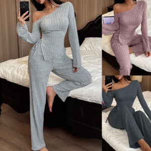 Fashion Sexy Off-the-shoulder Irregular Long Sleeve Trousers Homewear Suit