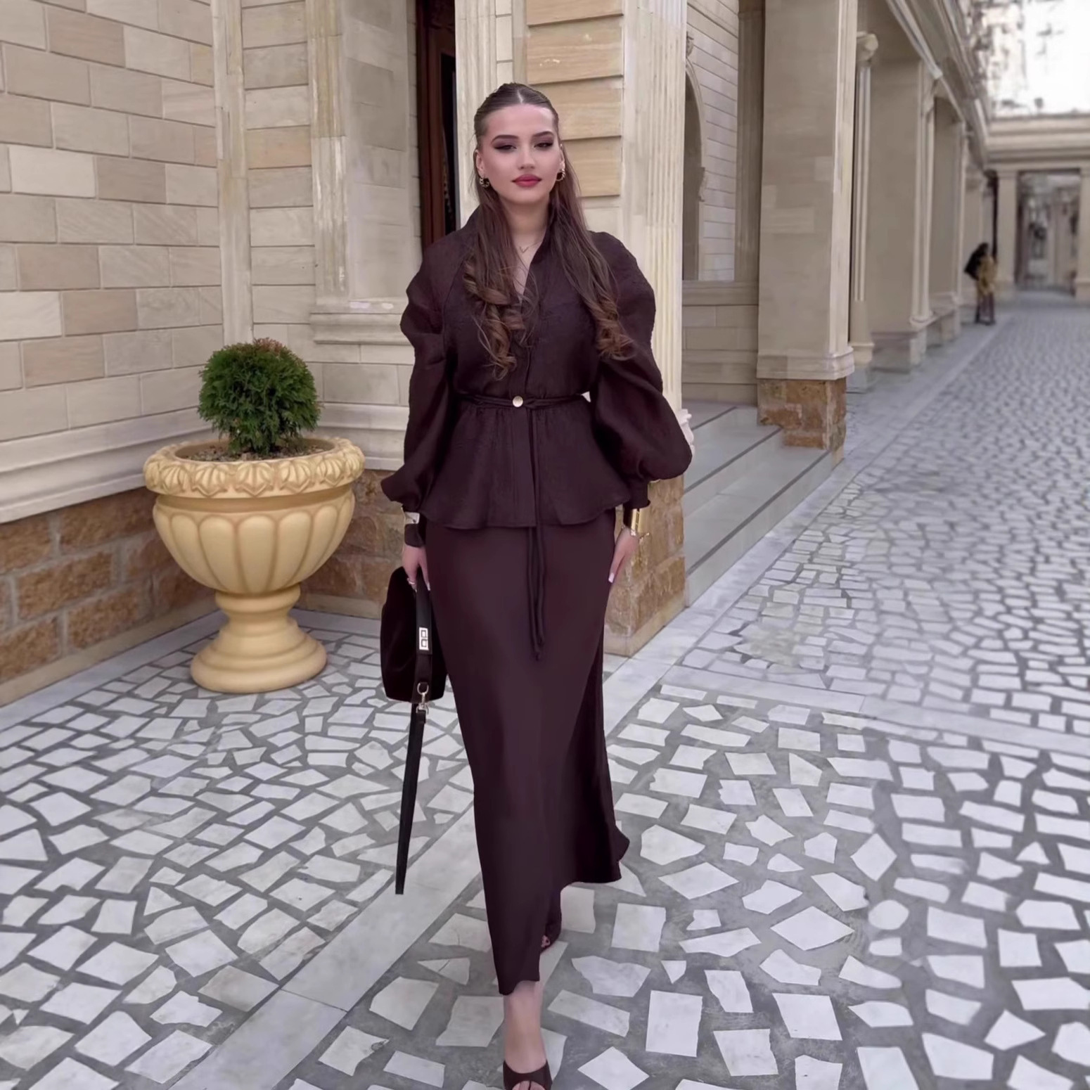 Elegant V-neck Waist-controlled Long Sleeves Cardigan Top High Waist Mid-length Dress Set